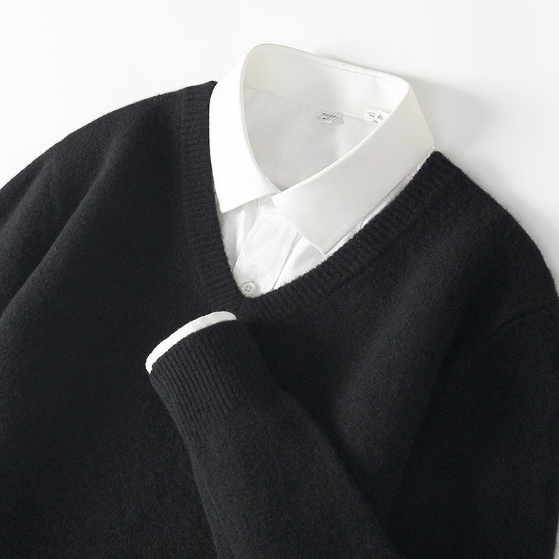 Men's 100% Wool V-Neck Sweater - Solid Color, Loose Fit, Long Sleeve Knitwear