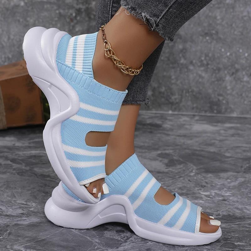 Fashion Fashion Striped Knitted Sports Sandals for Women Thick Sole Casual Wedge Sandals Woman 2025 Summer Comfortable Walking Sandalias