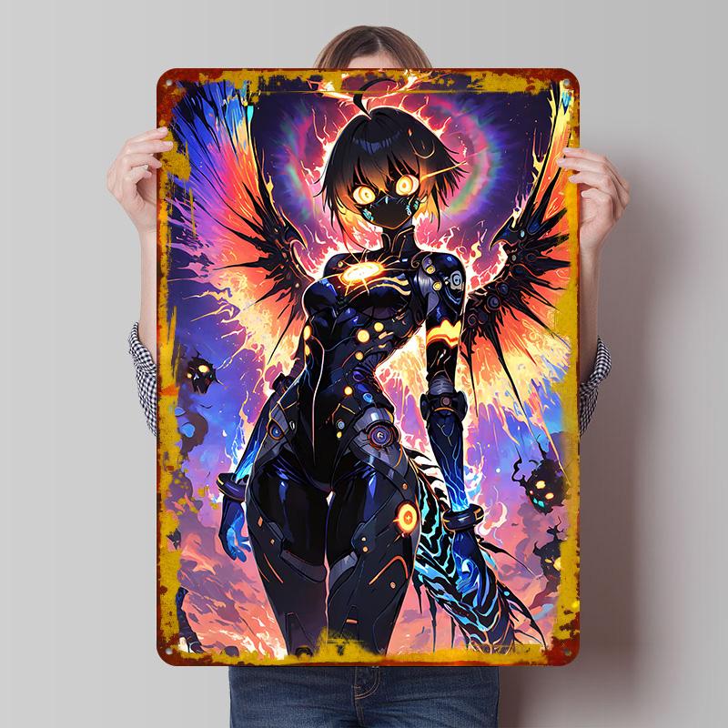 

Cyberpunk Angel With Fiery Wings Tin Plaque Poster Customized Wall Art Retro Vintage Metal Signs for Man Cave Room Decoration 7.9x11.8In(20x30cm)