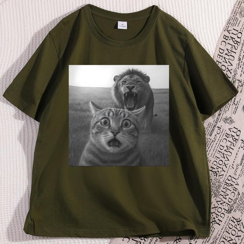 Cat With Lion Selfie T Shirt Funny Cotton Short Sleeve Cat Lovers Tshirt Unisex Unisex Oneck Cotton Unisex Clothing Y2k Tees