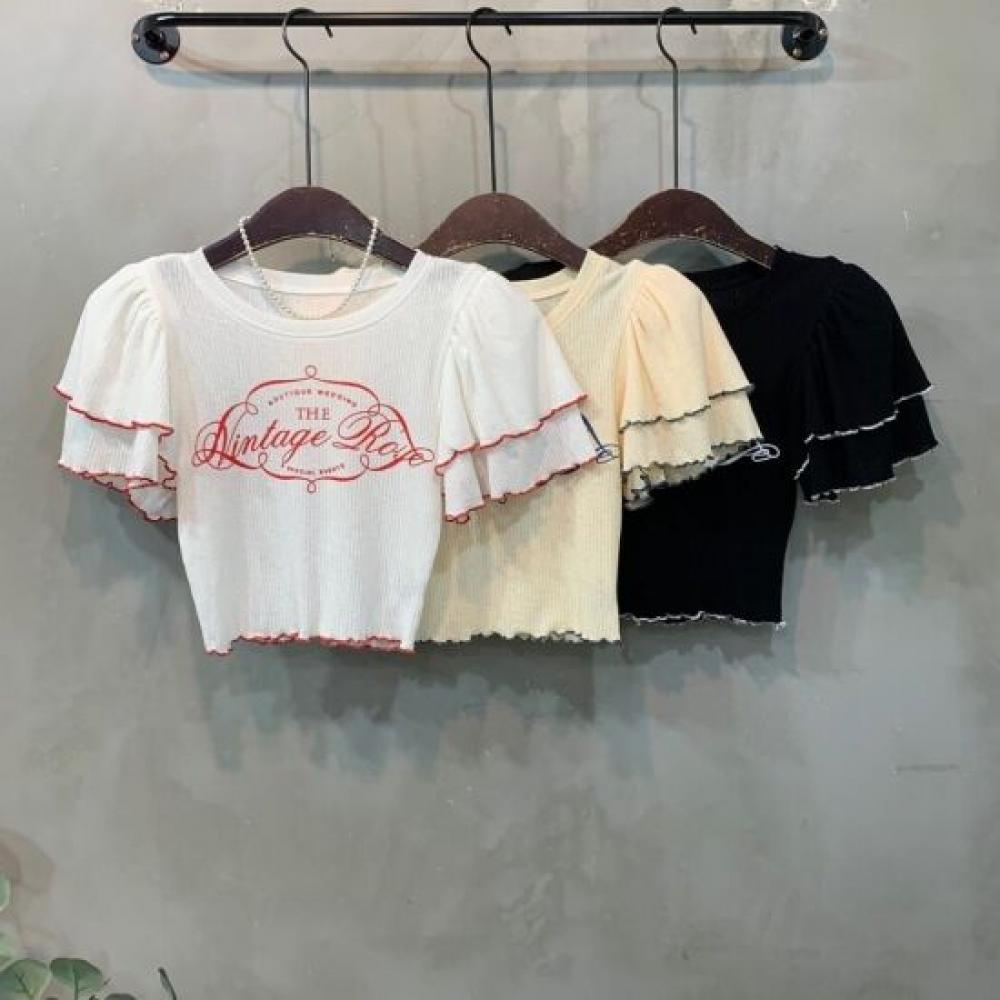 C S In The Room Ima Shoulder Pad letterIng Frill Crop Short Sleeve Knit 3Color C