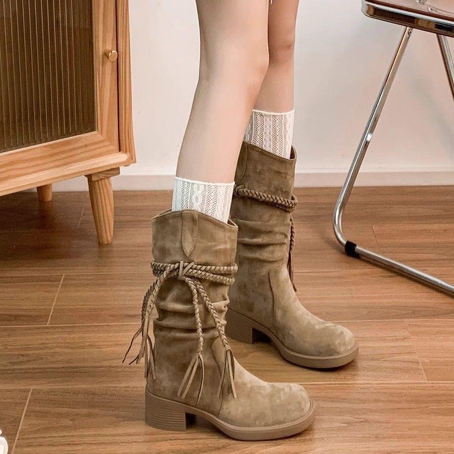 Retro wasteland wind fringed knight boots women's 2025 autumn and winter new thick heel pile boots inner height increase and thin medium boots