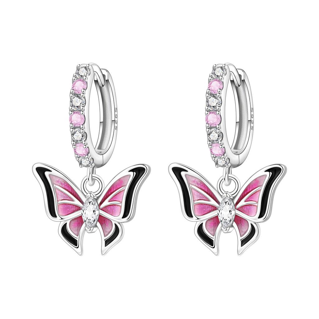 Original 925 Silver Zircon Pink Paw Print Earrings Heart Flower Leaf Design Women Party Jewelry Gift Ear Loops