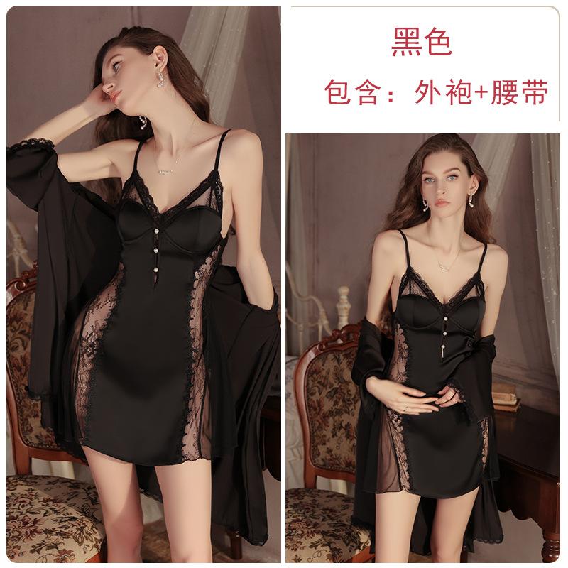 

Pure desire perspective mesh underwear sexy deep V plus chest pad temptation satin nightdress robe women s suit one size fits all