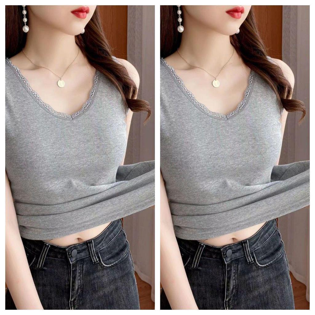 Modal Cotton V-Neck Lace Trim Ribbed Tank Top - Slim-Fit Versatile Camisole for Spring/Summer