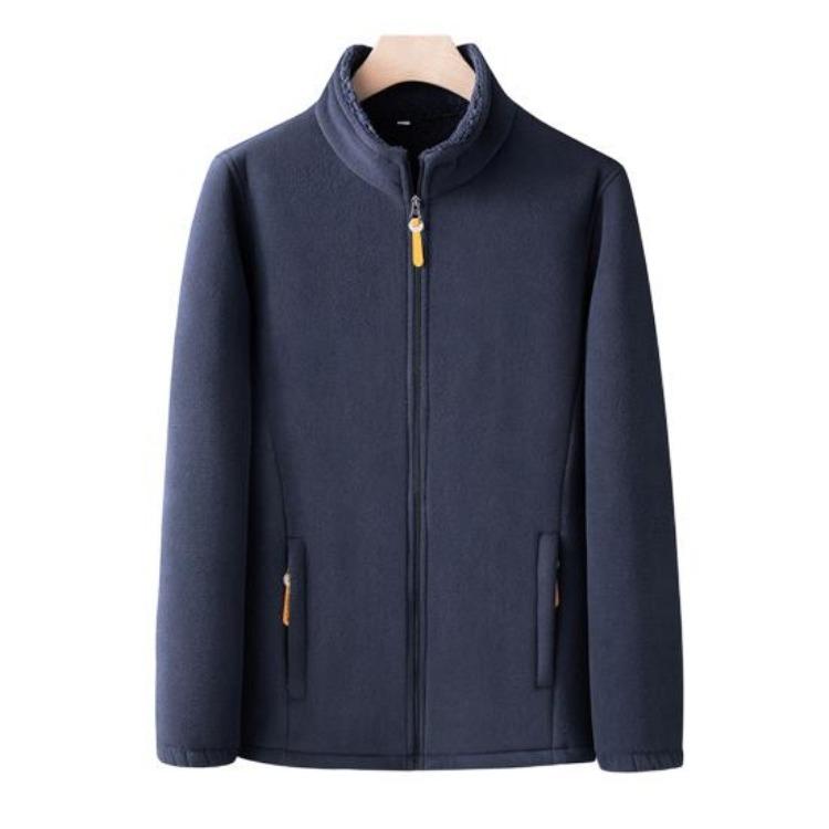 Solid Color Men Coat Stand Collar Cardigan Jacket Polar Fleece Lining Long Sleeve Zipper Placket Daily Wear Outwear