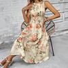 Women Sleeveless Crew Neck Ruched High Waist Floral Print Midi Dress Elegant Casual Loose Fit Sundress for Daily Wear