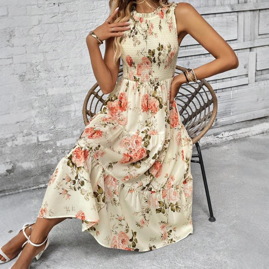 Women Sleeveless Crew Neck Ruched High Waist Floral Print Midi Dress Elegant Casual Loose Fit Sundress for Daily Wear