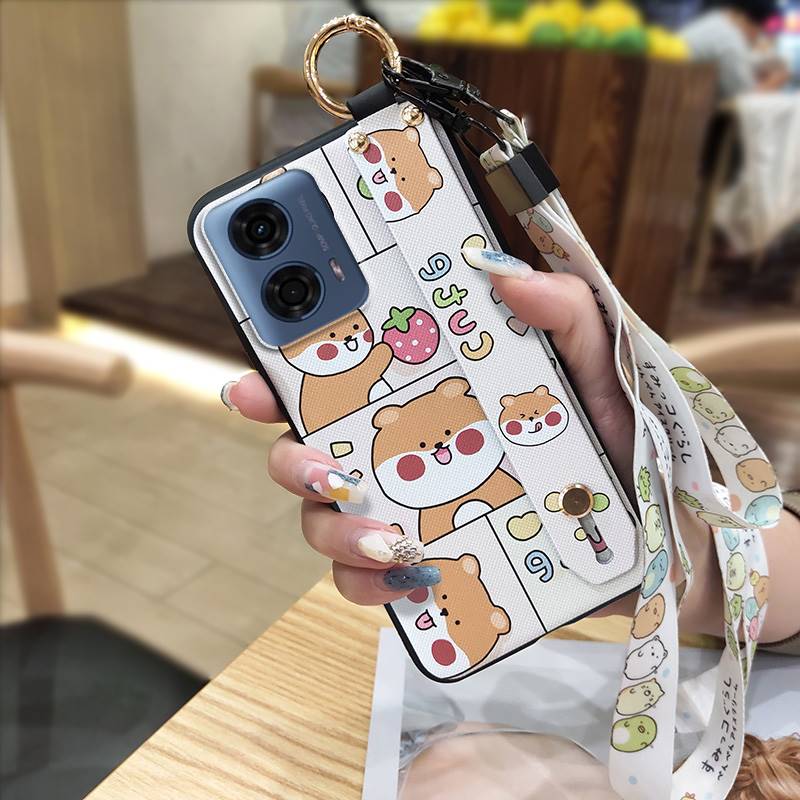 Ring Waterproof Phone Case For MOTO G24 Power Back Cover Anti-dust Durable Wristband Kickstand Protective Lanyard Cute