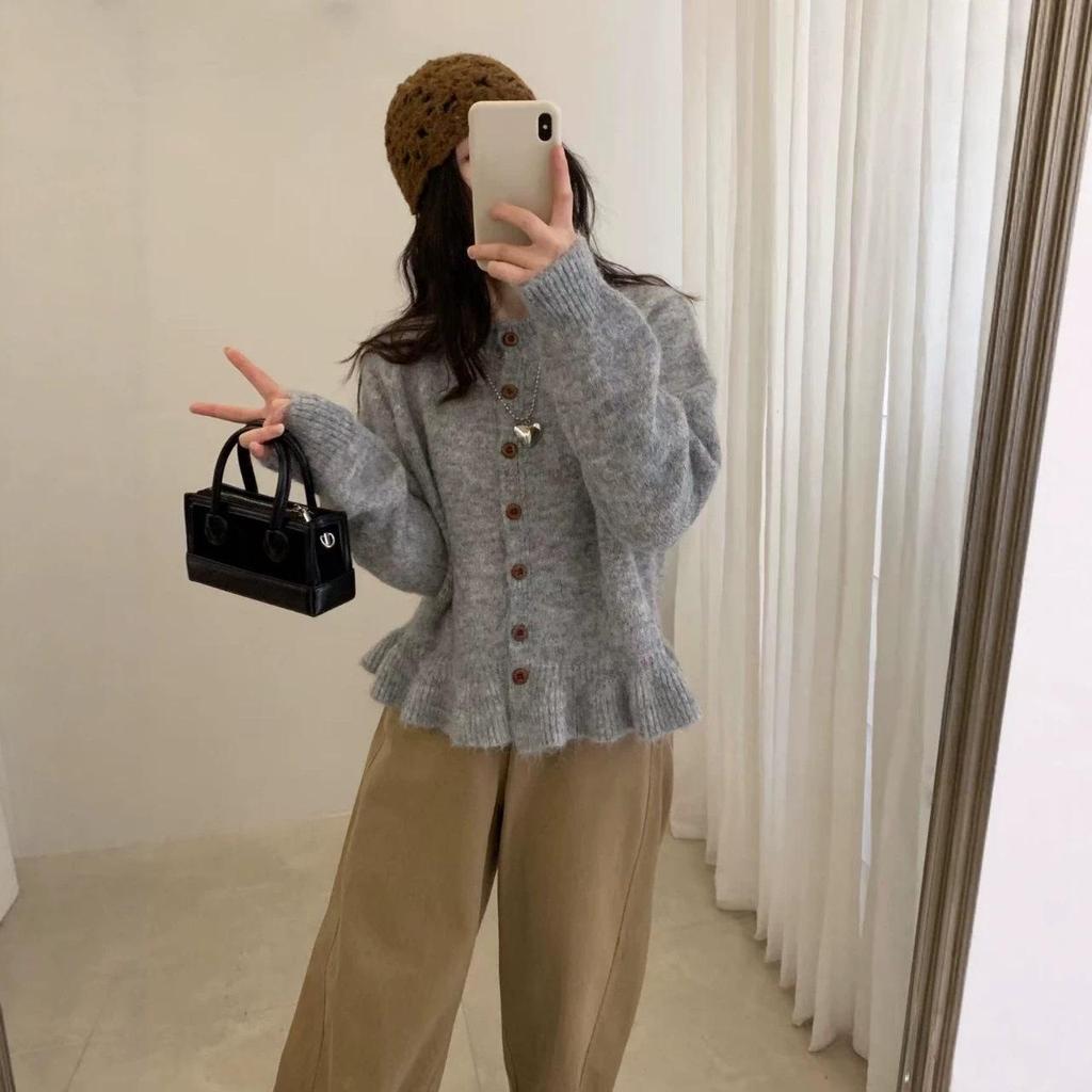 Women's Korean Round Neck Ruffled Hem Cardigan - Soft & Fluffy, Short Style for Early Autumn/Winter