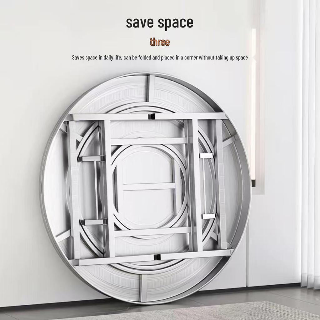 Stainless Steel Round Table with Built-in Folding Turntable for Home, Restaurant, or Hotel.