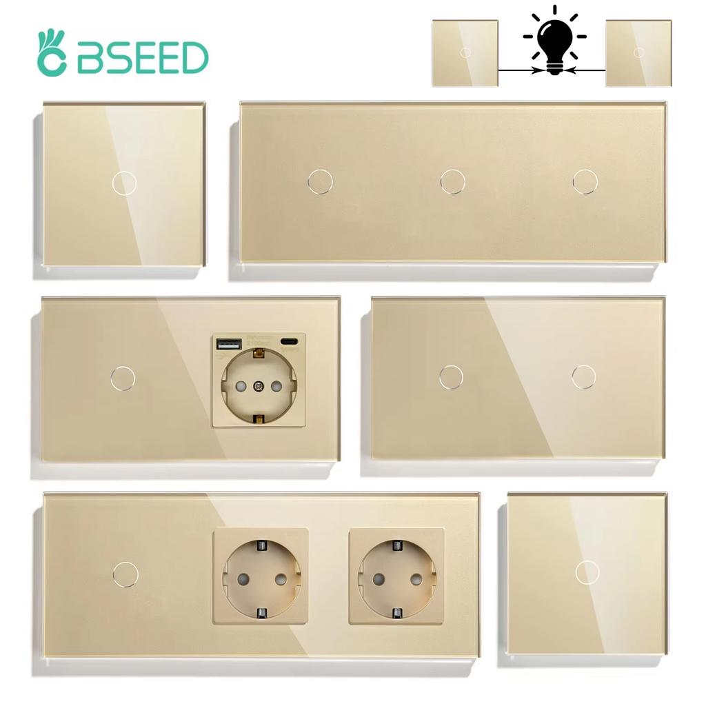 BSEED 1/2/3Gang Touch Light Switches 1/2/3Way Pass Through For Stairs Plus Wall Power Sockets USB Type-c Ports 2.1A EU Standard