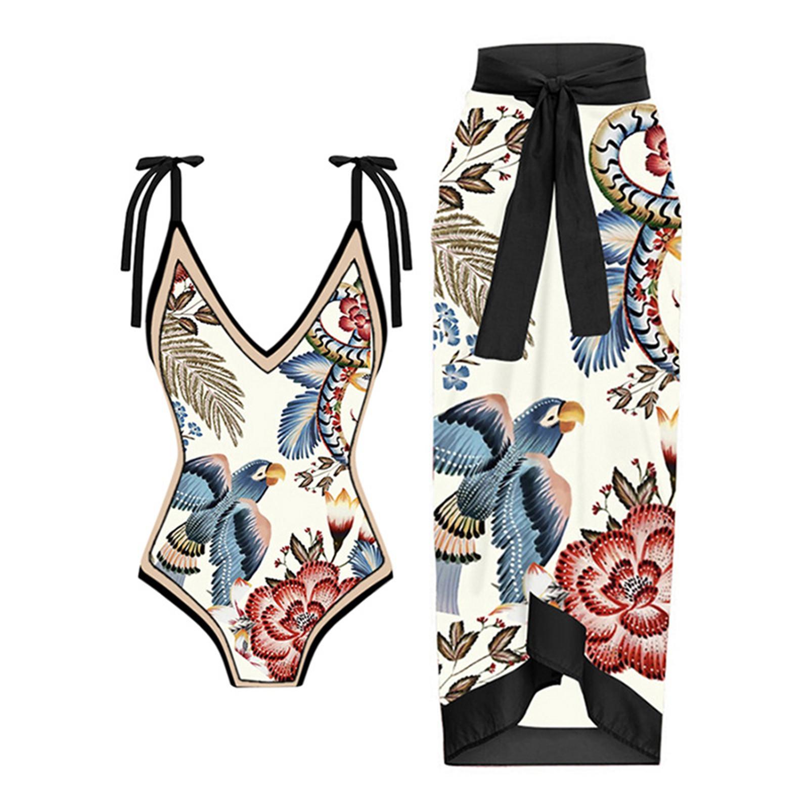 

Women s Vintage Style Conservative One Piece Swimsuit with Padded Chest and No Underwire Two Piece Beach Dress Set with Floral and Bird Print S чорний
