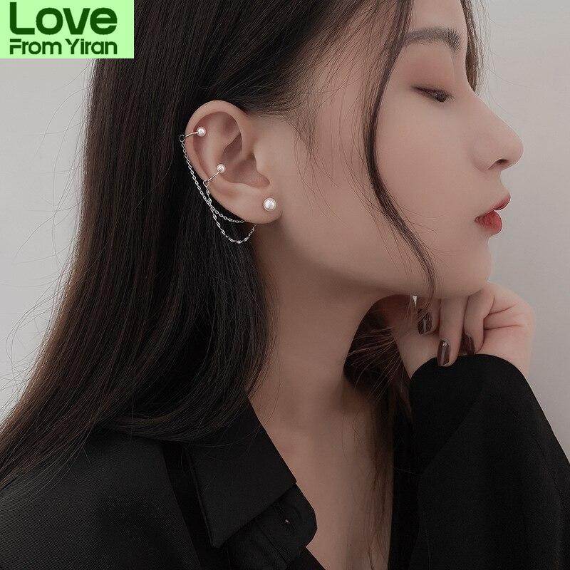 1 Pcs 925 Sterling Silver Pearl Tassel Round Bead Stud Earrings For Women Wedding Female Pendientes Eh774