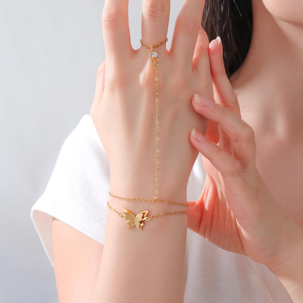 Butterfly Double Chains Bracelet Clear Zircon Finger Ring Bracelet for Women Stainless Steel Jewelry Birthday Gift 2026 New