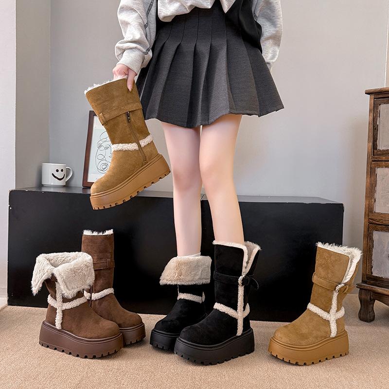 [Fanfna] Thick-soled velvet thickened medium-tube snow boots women's 2025 new retro fashion versatile medium-tube boots