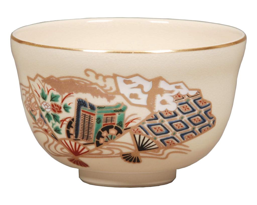 Miyachi Eikou Matcha Bowl, White, Size: Diameter 12.4cm X Height 7.8cm, Ninsei Imperial Carriage Design, Paper Box