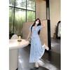 French blue smudge first love dress, summer new waist and thin temperament bubble lotus leaf plaid long skirt