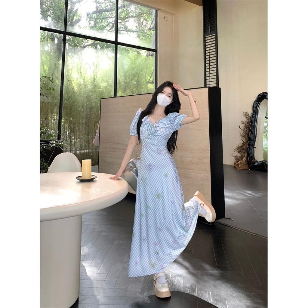 French blue smudge first love dress, summer new waist and thin temperament bubble lotus leaf plaid long skirt