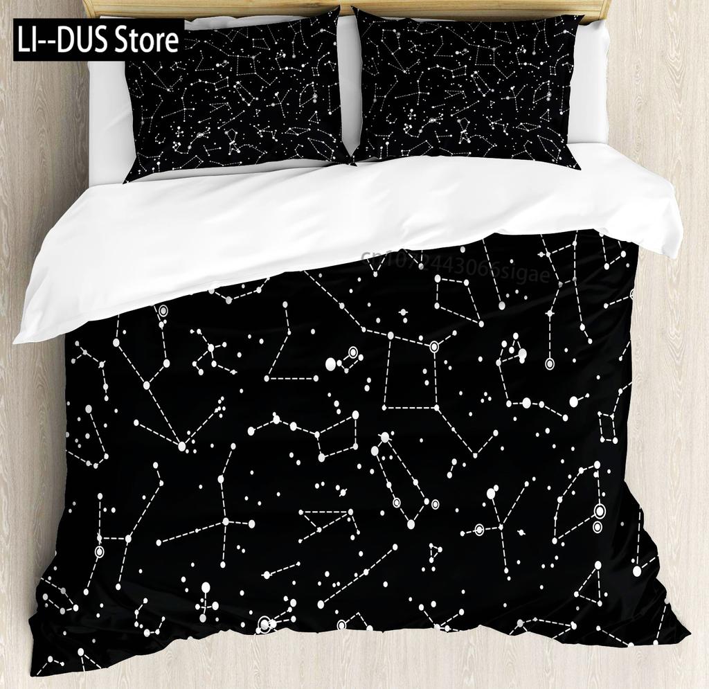 Constellation Duvet Cover Set Sky Star Map Geometric Circle Decorative 3 Piece Bedding Set with 2 Pillow Shams Queen Full Size