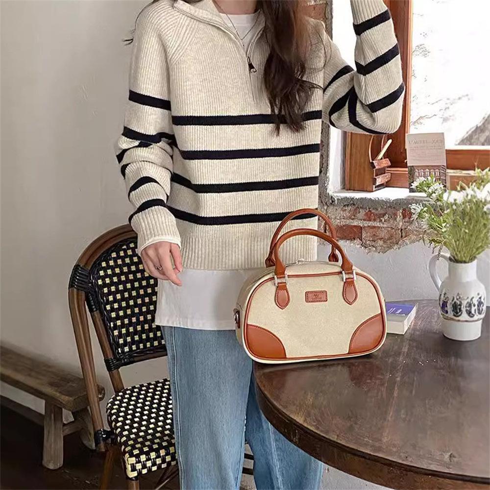 Half-height Zipper Lapel Sweater, New Autumn and Winter Color Striped Knitted Base Layer for Women