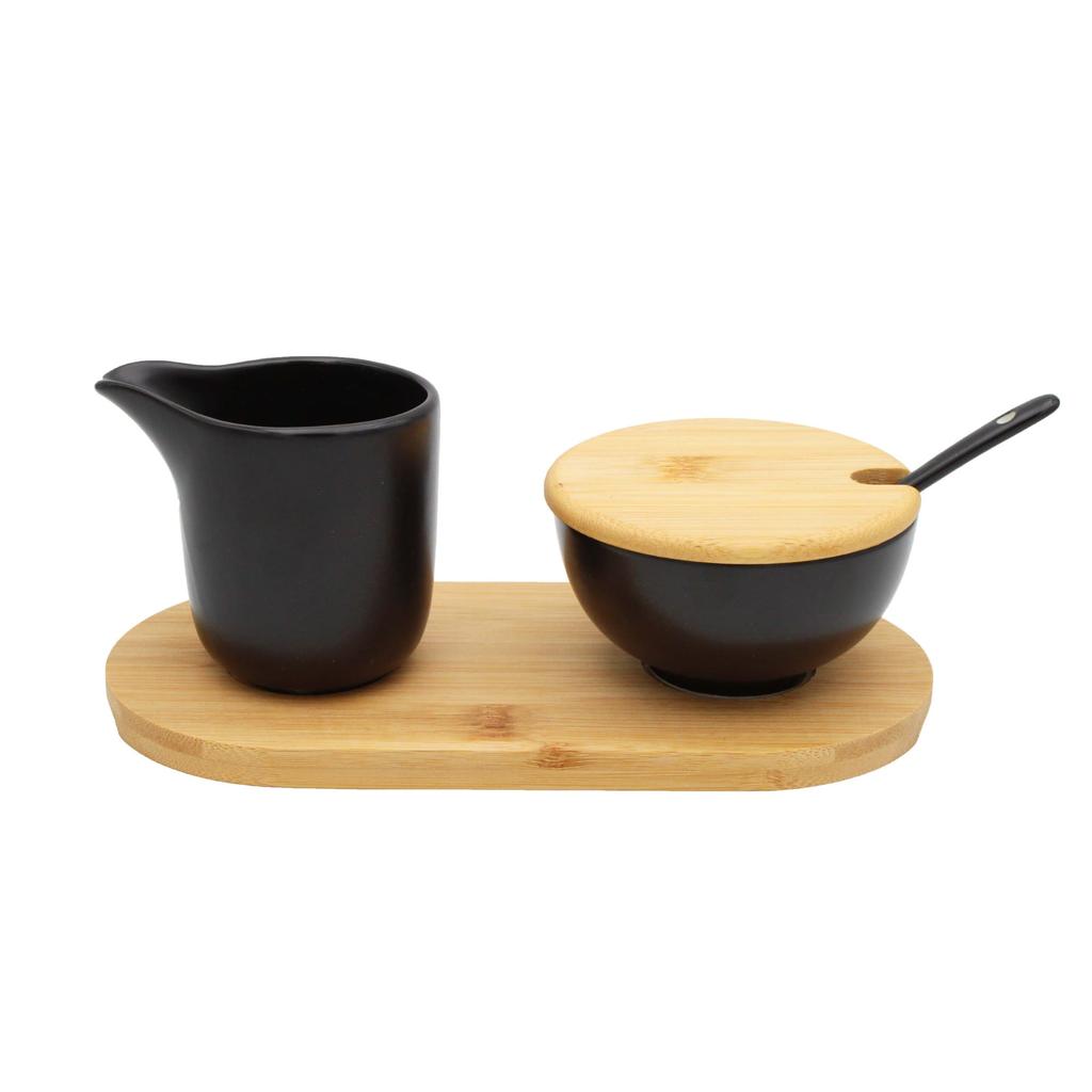 Zestaw ceramiczna cukierniczka i mlecznik na bambusowej podstawce BRUNBESTE BB-4503