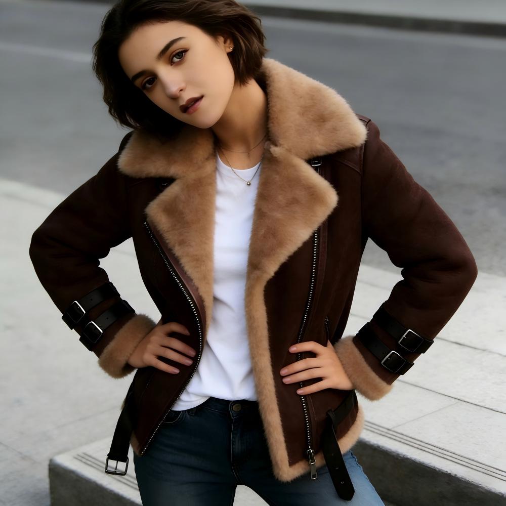 

Жіноча мотоциклетна куртка з оленячої замші та овечої вовни Extra Large коричневий