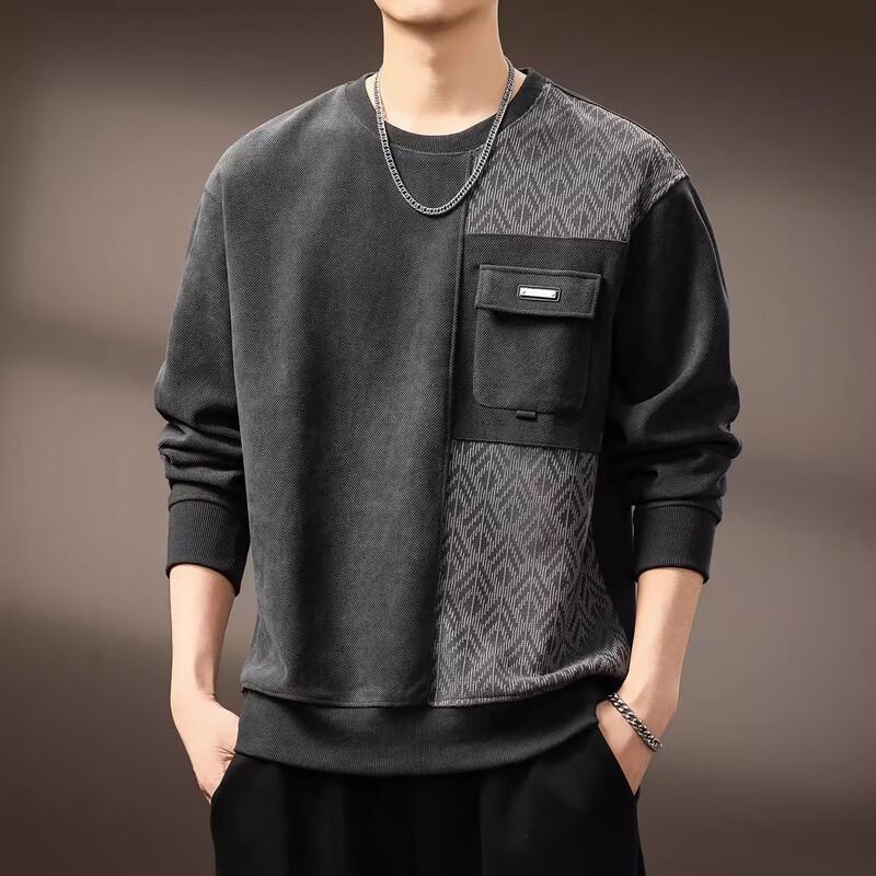 Men's American Retro Brushed Jacquard Patchwork Round Neck Sweatshirt
