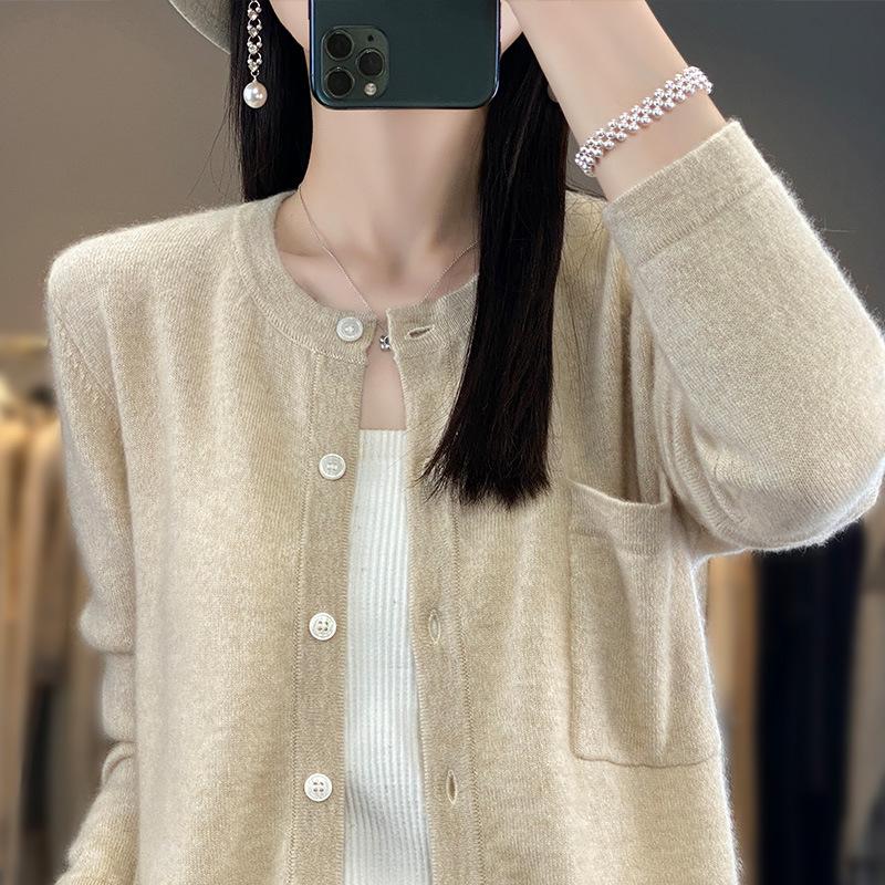 Round Neck Short Sleeve Long Sleeve Wool Cardigan Spring New Loose Fashionable Versatile Solid Color Knitted Top