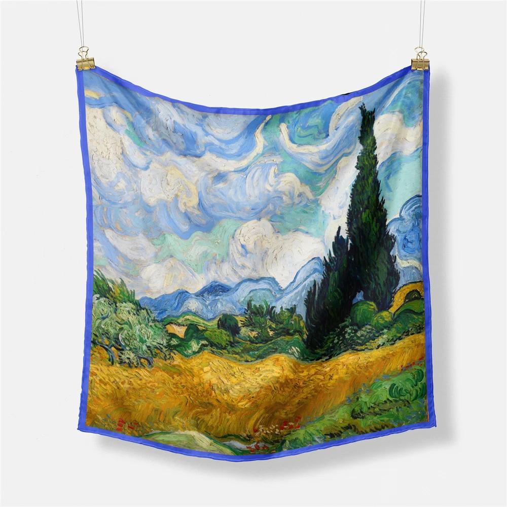Van Gogh Oil Painting Silk Scarf Fashion Women 53cm Square Scarves Bandana Head Scarf Neck Tie Band Professional Neckerchief