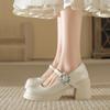 Mary Jane Shoes Women's Spring 2025 New Versatile Thick Heel Platform Patent Leather Internet Celebrity Rhinestone Temperament High Heel Shoes