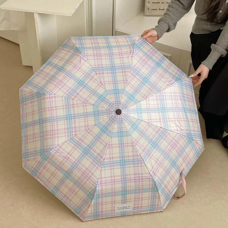 Checkered Folding Umbrella Sun Protection and UV Protection Sunshade Umbrella New Cartoon Fully Automatic Women's Sun Umbrella