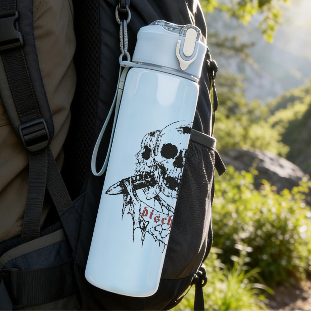 1PC Skull grunge circular band print 750ml colorful plastic sports water bottle leakproof pop up lid with straw for outdoor work home use