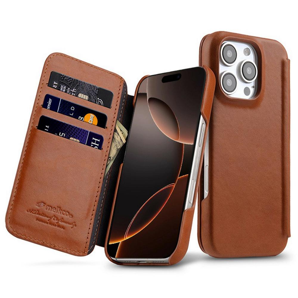 MELKCO For iPhone 16 Pro Max Case Compatible with MagSafe Card Slots Genuine Cow Leather Phone Cover