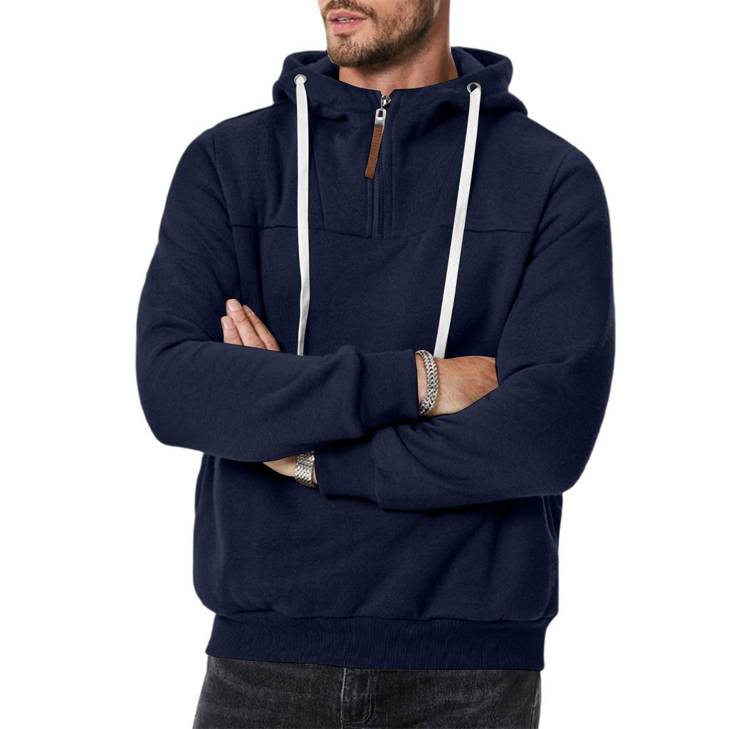 Men's Casual Hooded Sweatshirt Loose Fit Pullover Half Zip Patchwork Design Long Sleeve Pullover for Autumn Winter