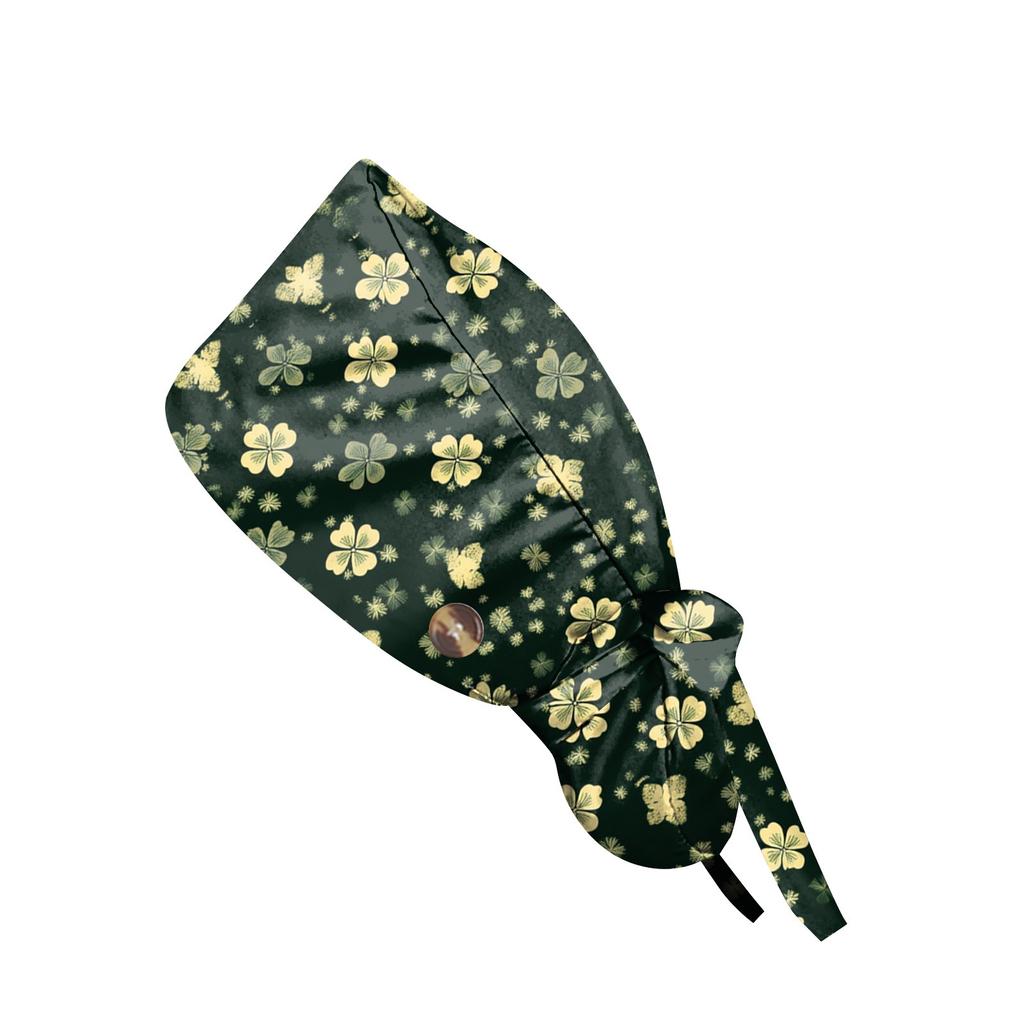 Adjustable Bouffant Cap with Floral Pattern for Women and Men Unisex Printed Work Hat with Button and Sweatband
