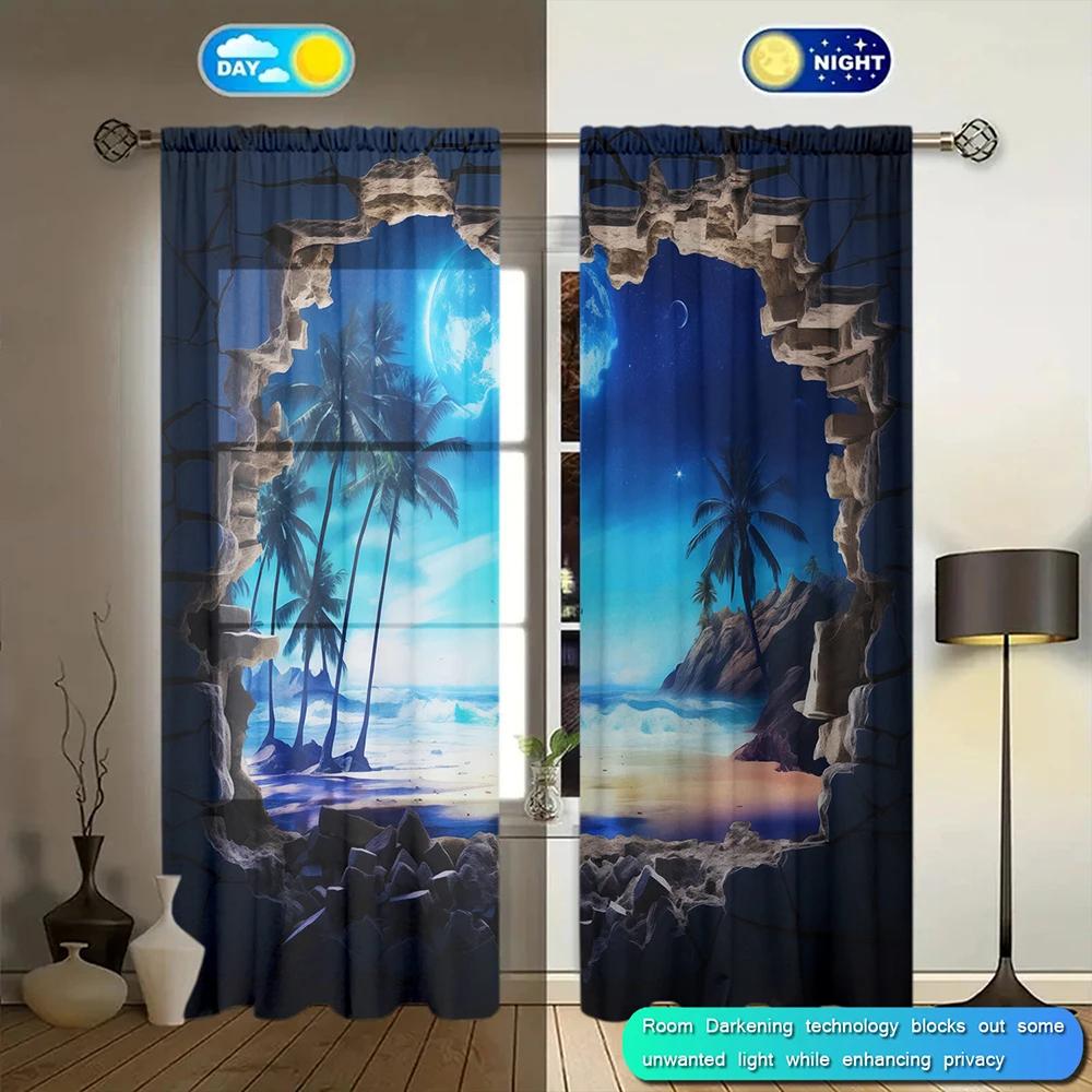 2pcs Moon Beach Printed Curtain for Home Decor - Rod Pocket Window Treatment for Bedroom, Office, Kitchen, Living Room,and Study