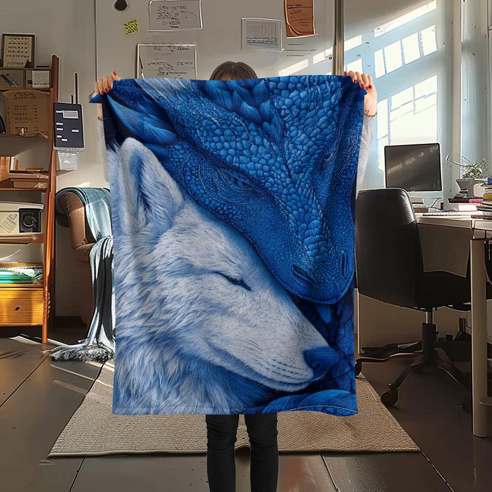 

White Wolf Blue Dragon Print Flannel Blanket, High quality Comfortable for All Seasons, Home Decor, Warmth and Comfort, Perfect for Christmas Gifts 80cm x 120cm