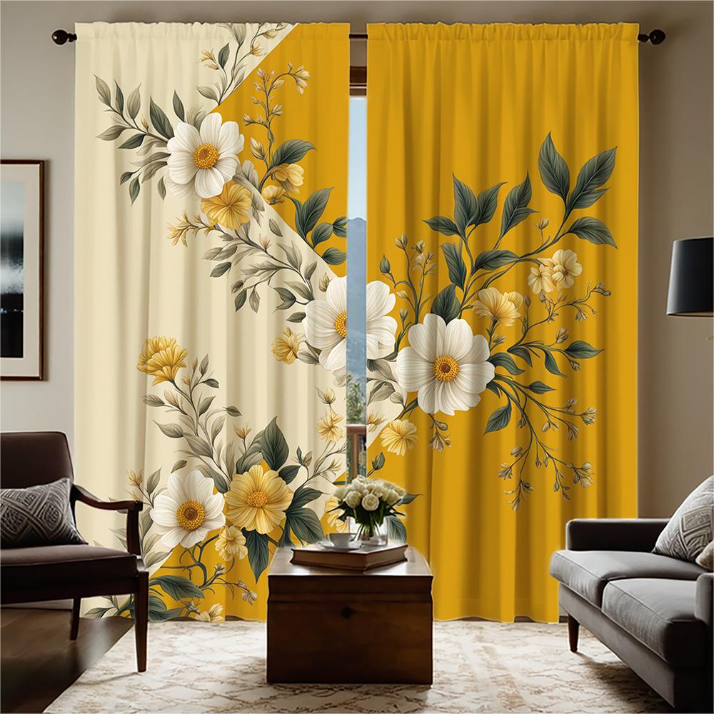 Piece Set High Definition Digital Printed Curtainyellow Background Floral Pattern White Yellow Flowers Green Curtain Made Of Polyester