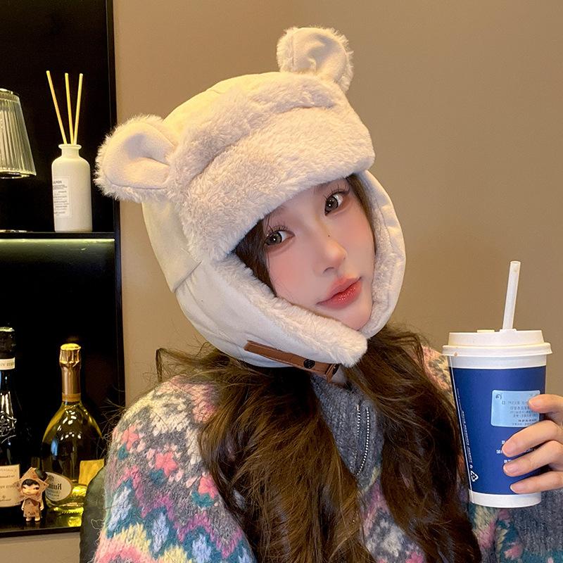 Japanese Cute Cartoon Lei Feng Hat for Women with Autumn and Winter Plus Velvet Warm Cycling Ear Protection Hat Outdoor Ski Hat Men