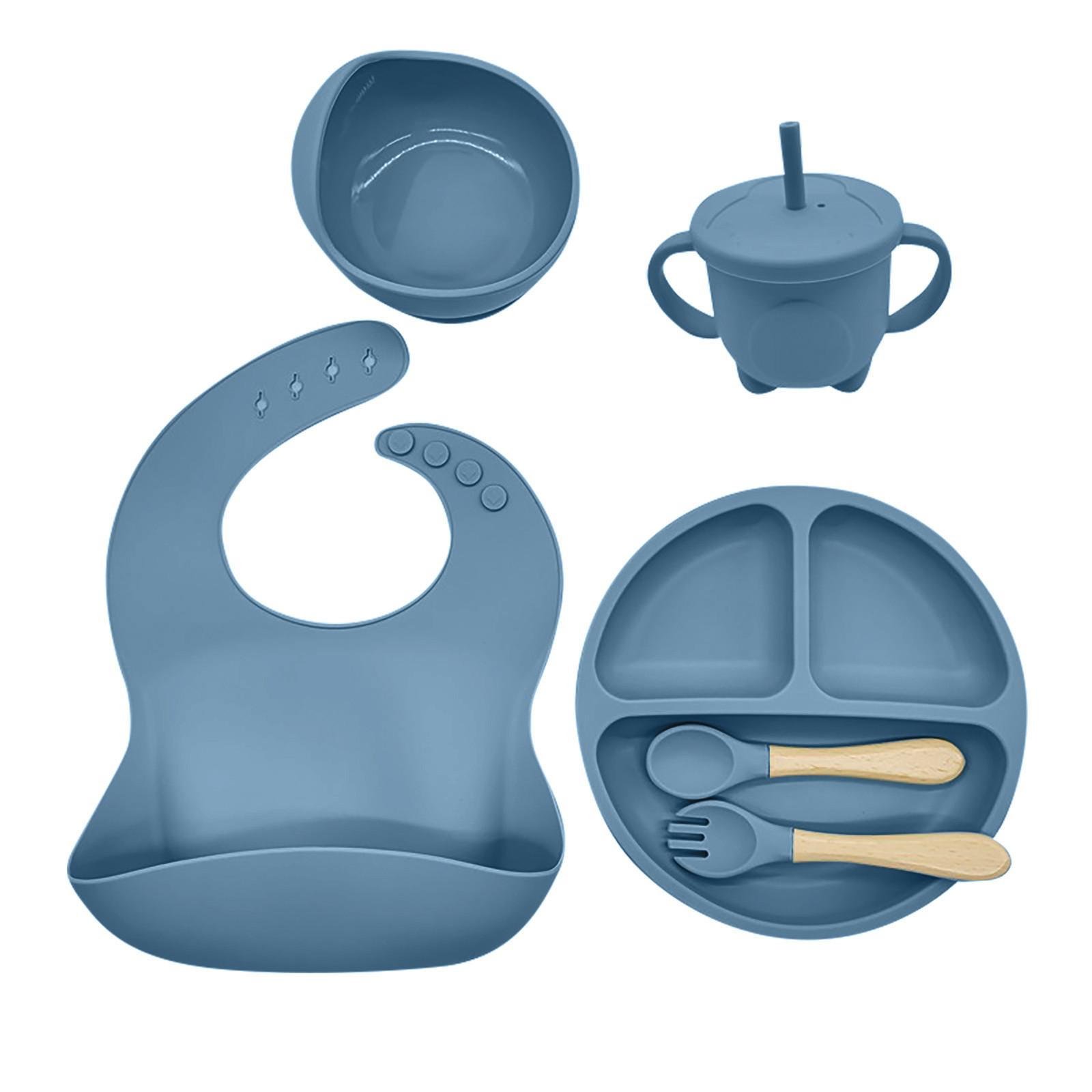 

Детский силиконовый нагрудник, силиконовая обеденная тарелка, набор из 6 предметов для младенцев, дополнительное питание, тренировочная присоска, набор разделителей для детей One Size темно-синий