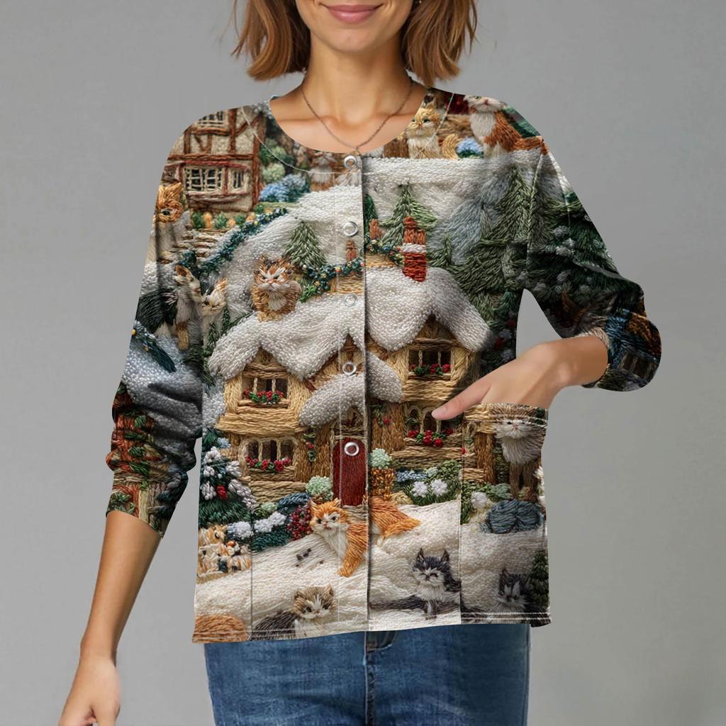 Women's Casual Long-Sleeved Single-Breasted Christmas-Themed Print  Cardigan