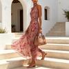 Yangyizhi Floral Chiffon Dress for Women, Halter Sleeveless Ruched Maxi Dress, Turtle Neck Wedding Guest Cocktail Evening