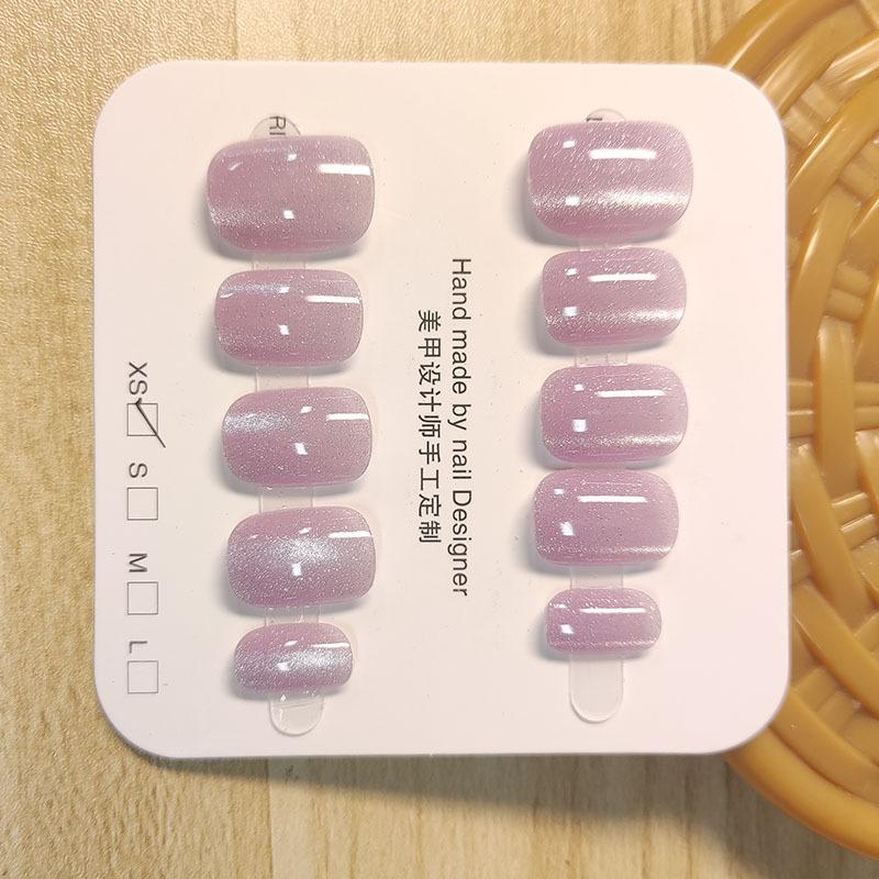 100% HANDMADE Round Shape Fake Nail Set With Glue Art Ice Cream Slightly Transparent Gray Purple Cat'S Eye Short Laser Rainbow Nails Reusable