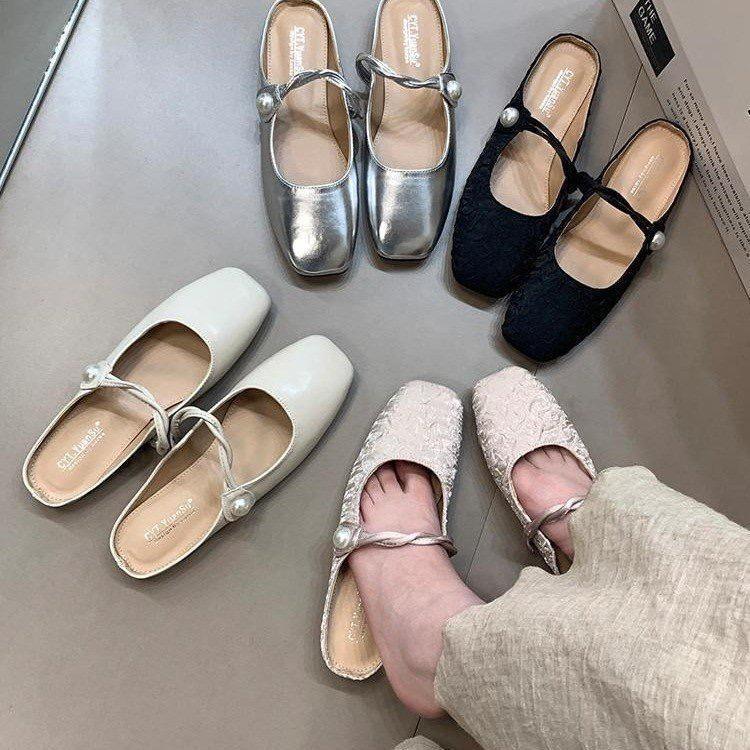 Temperament Socialite Xiaoxiangfeng Half Slippers Women's Spring and Summer 2025 French Pearl Bag Head Mary Jane Half Tray Single Shoes