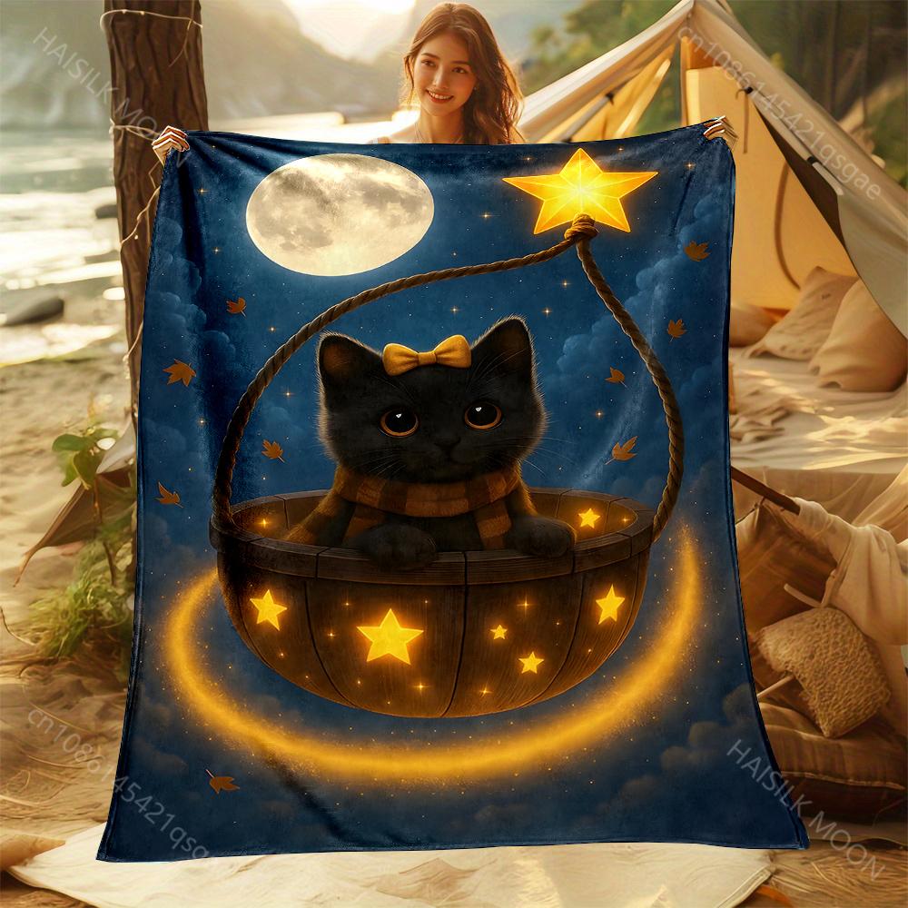 Black cat in basket starry sky Print Adult Children Warm Blankets Home Travel Car Soft Comfortable Suitable for all seasons