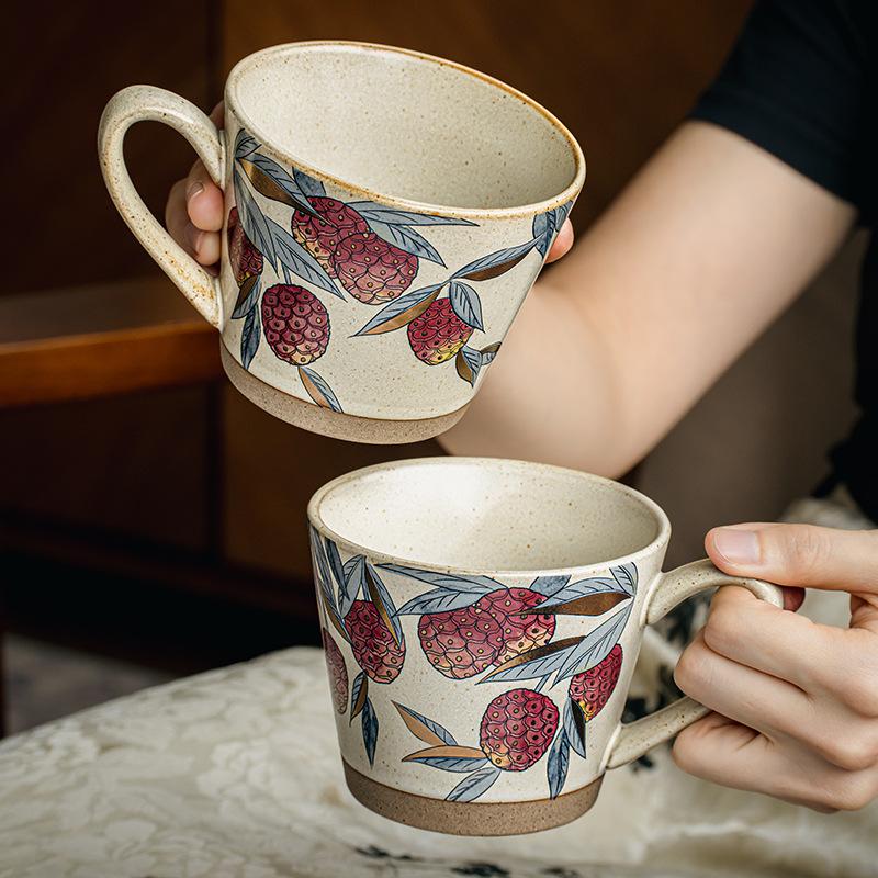 Mid-Century Modern Stoneware Mug Vintage Luxury for Latte Floral Tea Home Office Use High Aesthetic Ceramic Cup Gift