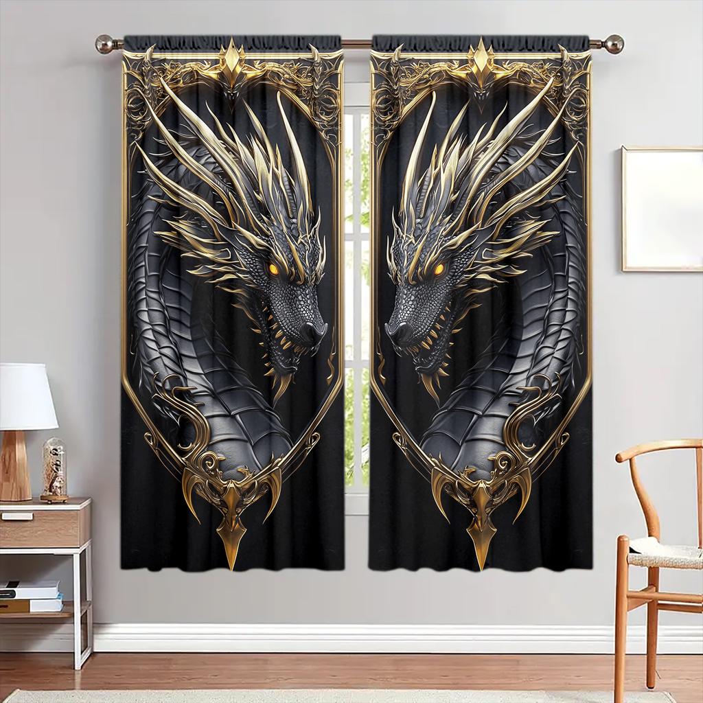 2pcs 3D Domineering Black Dragonn Printed Curtain for Home Decor - Rod Pocket Window Treatment for Bedroom   Office   Kitchen