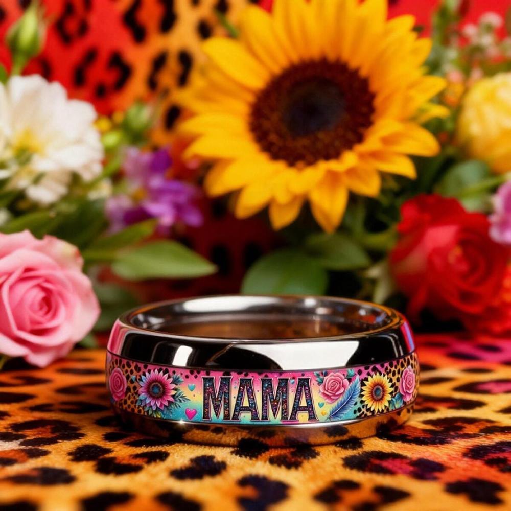 Modischer MAMA-Themen-Edelstahlring mit Sonnenblumen- und Rosenmuster-Einlage Ringe für Mama Frauen Schmuck Muttertagsgeschenke 13