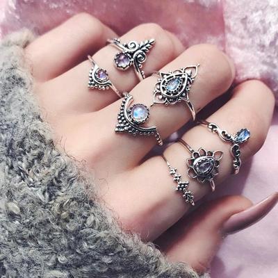 7 Pcs/Set Women Gold Punk Vintage Gem Knuckle Rings Tribal Ethnic Hippie Stone Joint Ring Set Gift